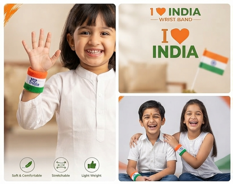 Bachon ke liye premium 'I Love India' tiranga wristband - Combo pack (4 piece), soft, stretchable aur aaramdayak, deshbhakti wristband